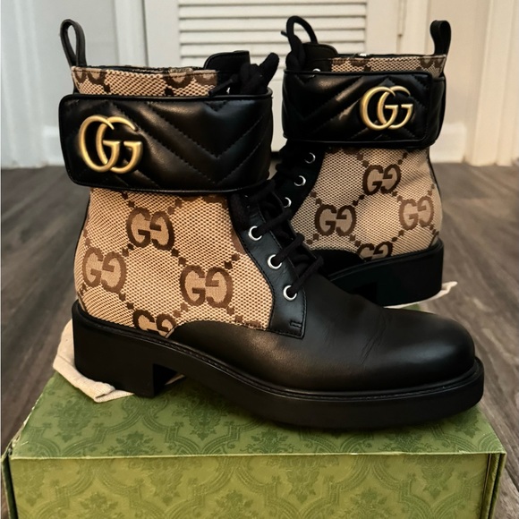 Marmont GG Canvas Lace-Up Booties - Picture 1 of 9